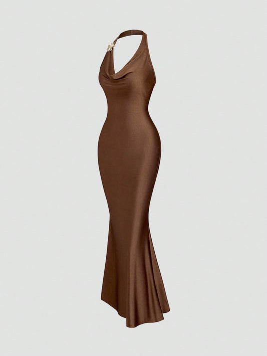 PA3647	Maillard Color Sexy Plunging Neck Metallic Floral Accent Distinctive Draped Neck Waist Cinched Slim-Fitting Bodycon Dress For Women